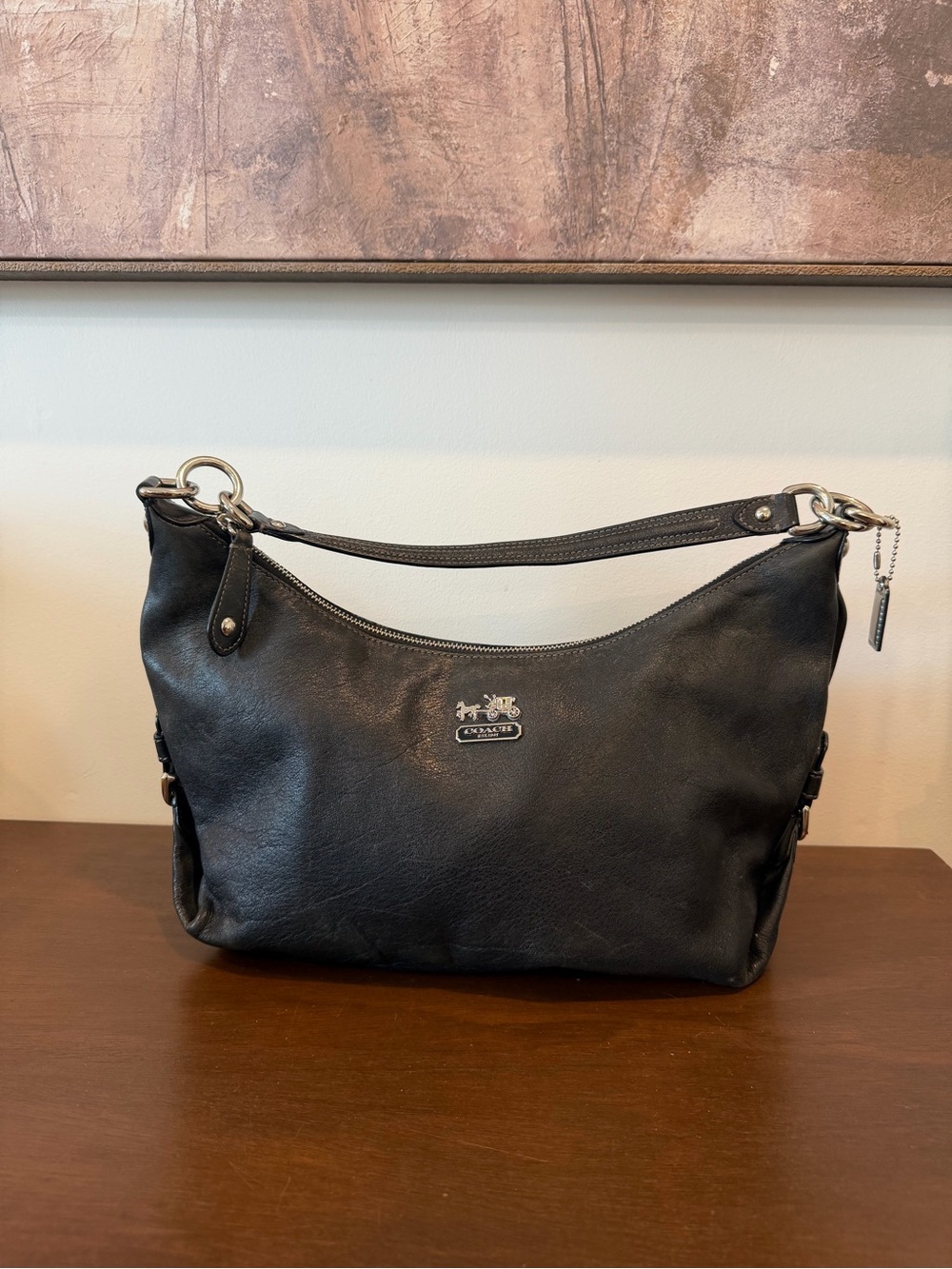 Coach 14304 Black Leather Madison Hailey Shoulder Purse - missing one strap